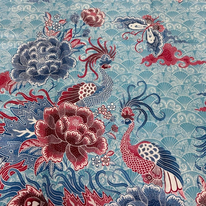 A pair of Heavenly Phoenix among the Flowers Fan - Blue